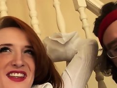 Redhead slut Sabrina Jay deepthroats before hard fucking