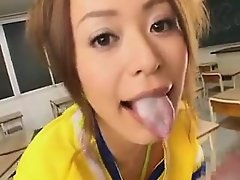 Young Asian cutie shows off her firm booty while giving hea