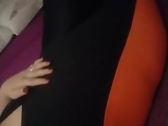 Spandex clad wife playing and rubbing exposing large tits